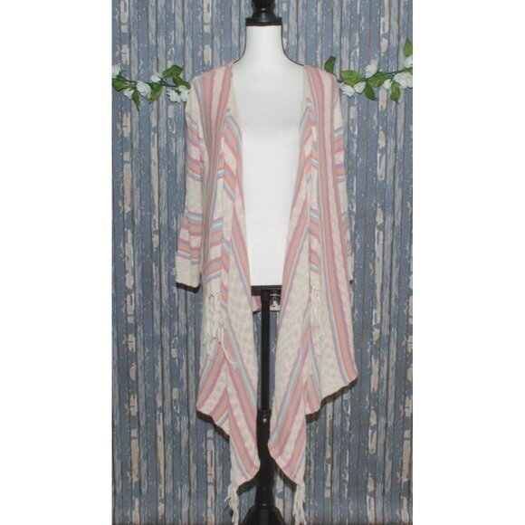 Crystal Kobe Size L Boho Waterfall Open Front Sweater Cardigan Pastels Lace Back - Picture 1 of 11